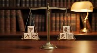 Legal scales balancing traditional commerce and digital copyright symbols in law office with books and lamp for business litigation concepts.