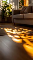 Warm evening sunlight casting dappled shadows through window onto hardwood floor in cozy living room with grey sofa and houseplants, creating atmospheric mood.