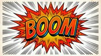 Comic book explosion with BOOM text in red and yellow burst with radiating lines on white background for graphic design and pop art projects.