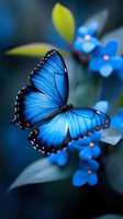 Vibrant blue butterfly with black wing borders perched on delicate blue flowers in soft focus garden setting for nature and wildlife photography projects.