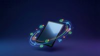 Mobile phone surrounded by colorful social media notification icons floating in circular motion on dark blue gradient background for digital marketing.