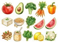 Assorted fresh vegetables and fruits including tomato, avocado, broccoli, carrots, bell pepper, cheese, chickpeas, leafy greens, watermelon, nuts, spread, spinach, lemon, and cauliflower isolated on white background for healthy eating and nutrition design projects.