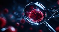 Magnifying glass revealing detailed red virus cell structure on dark background with bokeh effect and molecular connections, scientific research concept.