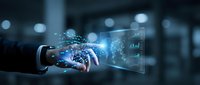 Businessman hand touching digital globe with holographic data visualization and network connections for global business technology solutions.