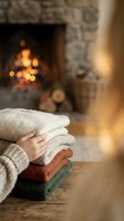 Cozy autumn scene with woman holding stack of knit sweaters near fireplace with warm glowing flames and rustic stone hearth in background.