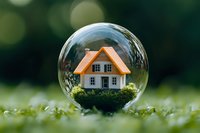 Miniature house with orange roof inside transparent bubble on green grass, concept of real estate protection, home insurance, and property investment.