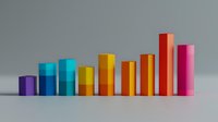 Colorful ascending bar graph elements arranged in sequence showing growth trend on neutral background. Minimalist business analytics visualization concept.