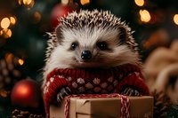 Adorable hedgehog wearing festive red sweater with gift box surrounded by warm Christmas lights and holiday decorations for seasonal greeting cards.