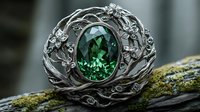 Luxury silver brooch with large oval green tourmaline gemstone surrounded by floral pattern and small diamonds, photographed on mossy wood in natural light.