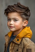 Young boy with trendy haircut wearing brown jacket with yellow hood, smiling confidently against blurred background. Modern kids fashion and portrait photography.