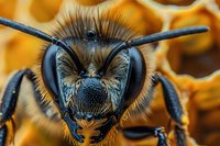 Extreme macro portrait of honey bee head showing compound eyes, antennae and detailed facial features against golden honeycomb background. For nature and science education.