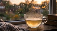 Steaming hot tea in glass cup on wooden windowsill during cozy winter evening with raindrops on window and warm bokeh lights creating hygge atmosphere.