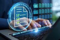 Business professional using laptop with digital document management interface showing checklist and secure workflow platform with audit trail technology.