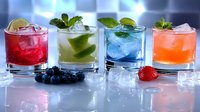 Colorful summer cocktails with fresh berries, citrus, mint and ice cubes in glasses on reflective surface. Refreshing drinks for party or restaurant menu.
