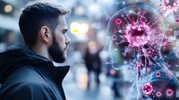 Young Caucasian man in dark jacket facing transparent silhouette with pink coronavirus cells inside head, depicting mental health impact during pandemic on blurred background.