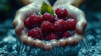 Fresh ripe raspberries held in cupped hands with water drops and splashes, vibrant red berries with green leaf on dark blue background, macro food photography.