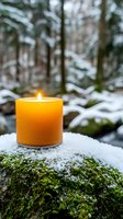 Glowing orange candle on snow-covered mossy rock with winter forest backdrop, creating warm contrast against cold surroundings.