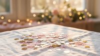 Scattered pink glitter and gold heart confetti on a white linen tablecloth with soft bokeh lights in the background.