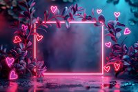 Glowing neon pink rectangular frame with heart shapes surrounded by dark foliage creates romantic atmosphere on blurred blue background with water reflection.