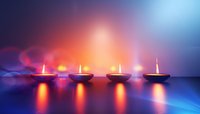 Glowing diwali oil lamps arranged in row with colorful bokeh lights and reflections on blue surface, spiritual festive atmosphere for meditation and celebration.