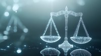 Glowing digital scales of justice with wireframe design on dark teal background with bokeh effect, representing law, technology and digital transformation in legal system.