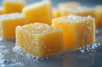Yellow fruit jelly cubes dusted with sugar crystals on dark surface, macro food photography with selective focus and soft lighting effect.