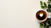 Hot coffee with heart-shaped latte art in white ceramic cup on light background with green leaves, minimalist composition for cafe menu or social media.