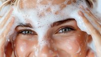 Young woman with foam cleanser on face during skincare routine, close up portrait showing bright blue eyes and natural beauty in bathroom setting.