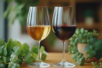 Two elegant wine glasses filled with red and white wine on wooden table with fresh grape vines, creating romantic atmosphere for wine tasting or fine dining experience.