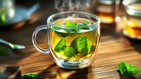 Fresh mint tea in transparent glass mug on wooden table with natural sunlight creating warm atmosphere for relaxation and wellness lifestyle.