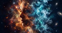 Fire and ice cosmic energy collision creating dramatic swirling patterns against starry space background with glowing particles and celestial elements.