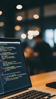 Laptop displaying colorful code on screen in modern office environment with warm bokeh lights creating atmospheric programming workspace for developers.