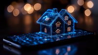 Glowing blue hologram house on smartphone screen with bokeh lights background, representing smart home technology and digital real estate concept.