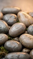 Smooth river stones with moss in warm golden light creating peaceful zen atmosphere for spa wellness meditation and natural therapy concepts.