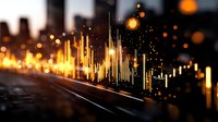 Glowing financial chart bars rise against blurred urban nightscape with bokeh lights, representing market growth and economic data visualization.