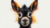 Young black alpaca with orange watercolor splash background, smiling face portrait with big expressive eyes and fuzzy ears, artistic farm animal illustration.