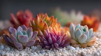 Colorful succulent plants in miniature garden with white pebbles, showcasing vibrant purple, orange, and blue-green varieties against dark background.