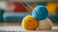 Colorful yarn balls in turquoise, yellow and beige with wooden knitting needles on soft white textile background. Close-up composition for crafting and hobby concept.