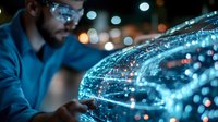 Young Caucasian male professional with glasses examining glowing blue holographic data visualization display showing network connections and digital transformation technology.