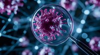 Magnified view of pink virus cell through microscope lens on blue background, scientific research concept showing detailed viral structure and molecular biology.