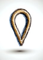 Artistic location pin marker drawn with dynamic brushstrokes in blue and gold colors on white background, floating with soft shadow effect.
