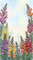 Watercolor snapdragon flowers border in purple, yellow, pink, red and orange with soft sky background and copy space for text.