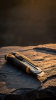 Vintage utility knife with yellow handle on weathered wooden surface with dramatic lighting for construction and craftsmanship projects.