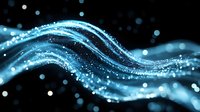Glowing blue wave particles flowing on black background with bokeh light effect and sparkle elements creating dynamic motion design.