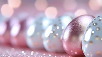 Elegant pink and silver Christmas ornaments with sparkling glitter finish creating festive holiday atmosphere with soft bokeh lights background.