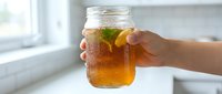 Person holding glass jar with golden brown beverage, mint leaf garnish, and ice cubes in bright kitchen setting. Refreshing drink for summer beverages, wellness, and lifestyle content.