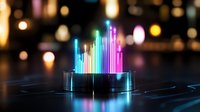 Glowing neon equalizer bars rise from metallic circular platform against dark background with bokeh lights, creating futuristic music visualization display.