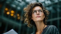 Young professional woman with curly hair and glasses looking up thoughtfully in modern office building lobby with blurred lights background.