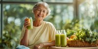 Happy senior Caucasian woman enjoying fresh green smoothie in bright kitchen with organic vegetables and fruits for healthy lifestyle and nutrition.