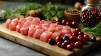 Fresh raw tuna sashimi slices on wooden cutting board with red cranberries, herbs and spices. Healthy seafood preparation for Japanese cuisine.